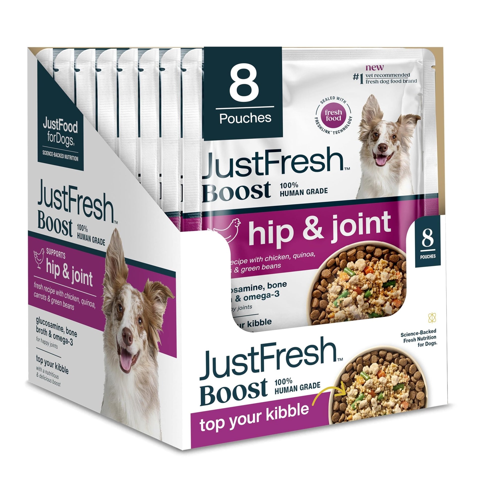 JustFoodForDogs JustFresh Boosts Hip & Joint Support Dog Food Toppers with Glucosamine to Support Hip Mobility & Joint Flexibility, Human-Grade Fresh Pet Meal Booster, 8 oz Pouches - 8 Pack - dailyvitalstore