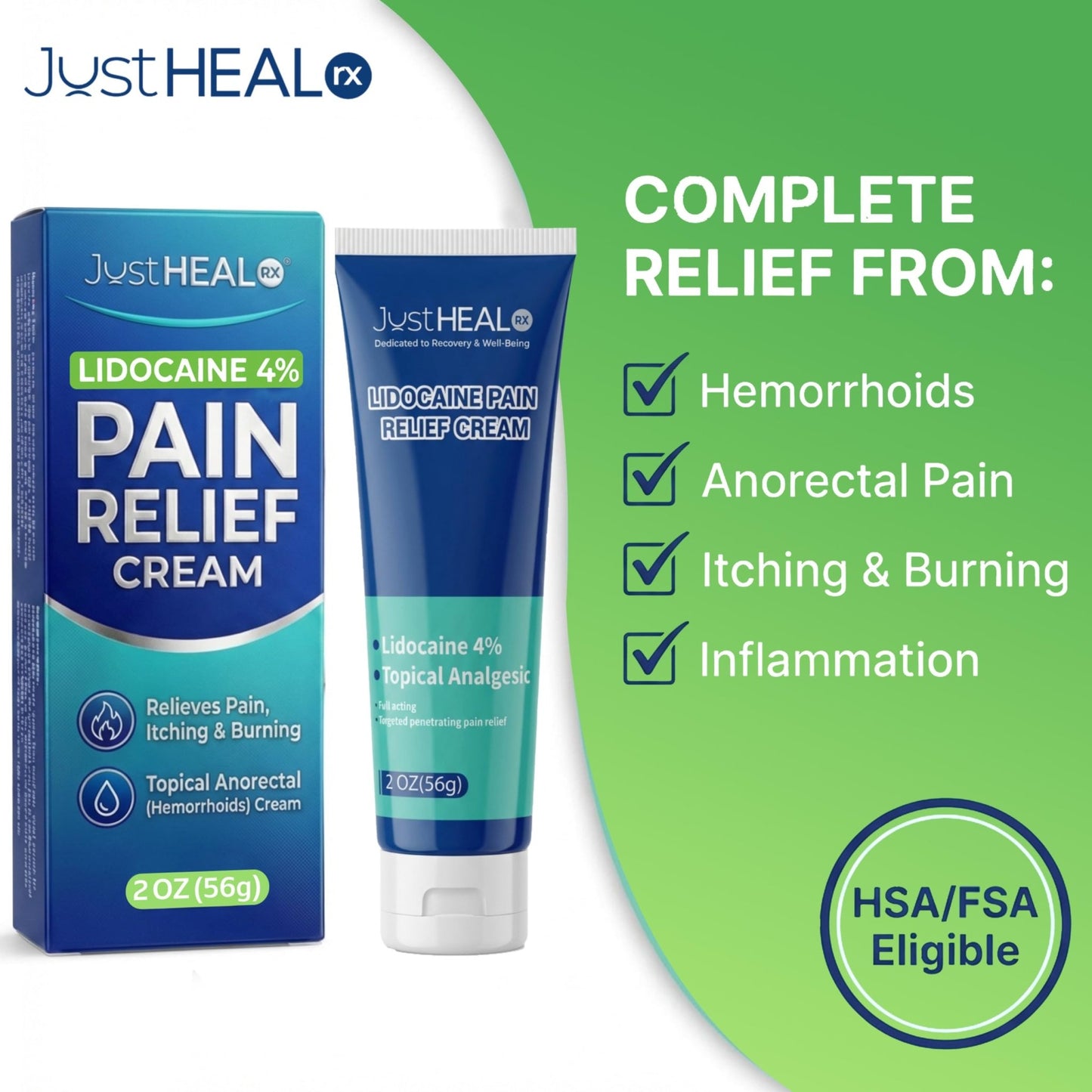 JustHeal RX Lidocaine Cream for Hemorrhoids | 2 OZ Tube – Fast-Acting 4% Lidocaine Numbing Cream & Topical Analgesic Cream for Anorectal Itch Relief | OTC Lidocaine Cream Maximum Strength - dailyvitalstore