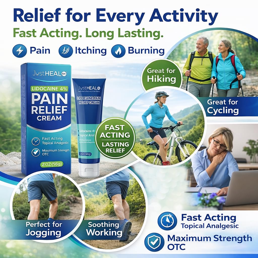 JustHeal RX Lidocaine Cream for Hemorrhoids | 2 OZ Tube – Fast-Acting 4% Lidocaine Numbing Cream & Topical Analgesic Cream for Anorectal Itch Relief | OTC Lidocaine Cream Maximum Strength - dailyvitalstore