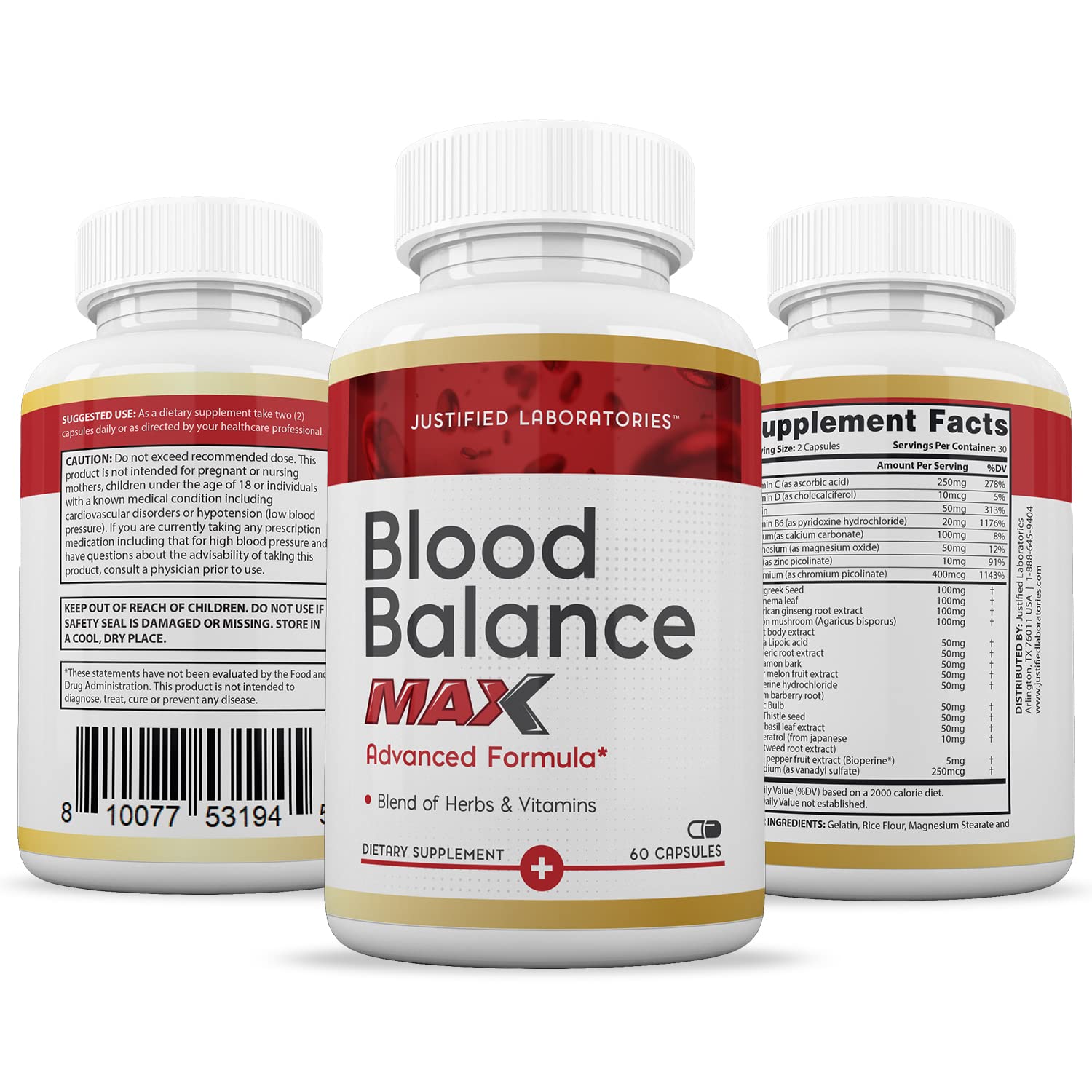 Justified Laboratories (2 Pack Blood Balance Max 1295MG Formula Supplement Pills 120 Capsules - dailyvitalstore