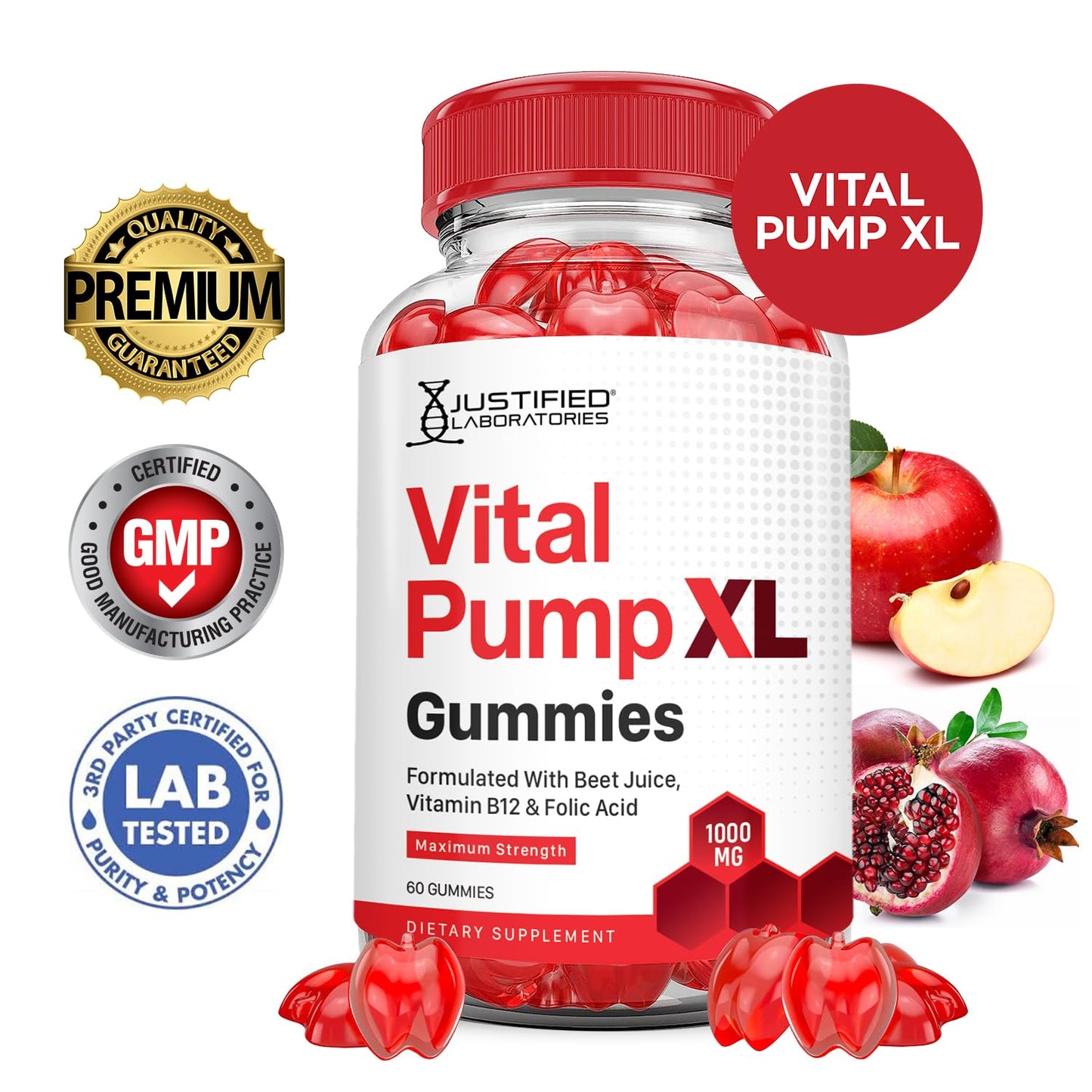 Justified Laboratories (5 Pack) Vital Pump XL Performance Gummies 1000MG Advanced Formula Vital PumpXL Formulated with Beet Juice ACV Pomegranate Beet Powder B12 Vegan Non GMO 300 Gummys - dailyvitalstore