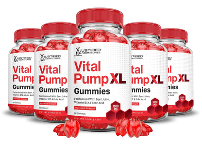 Justified Laboratories (5 Pack) Vital Pump XL Performance Gummies 1000MG Advanced Formula Vital PumpXL Formulated with Beet Juice ACV Pomegranate Beet Powder B12 Vegan Non GMO 300 Gummys - dailyvitalstore