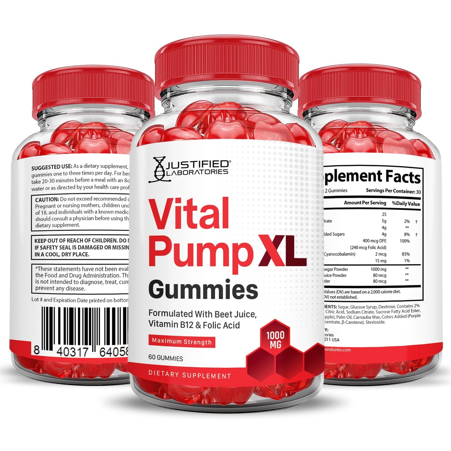 Justified Laboratories (5 Pack) Vital Pump XL Performance Gummies 1000MG Advanced Formula Vital PumpXL Formulated with Beet Juice ACV Pomegranate Beet Powder B12 Vegan Non GMO 300 Gummys - dailyvitalstore