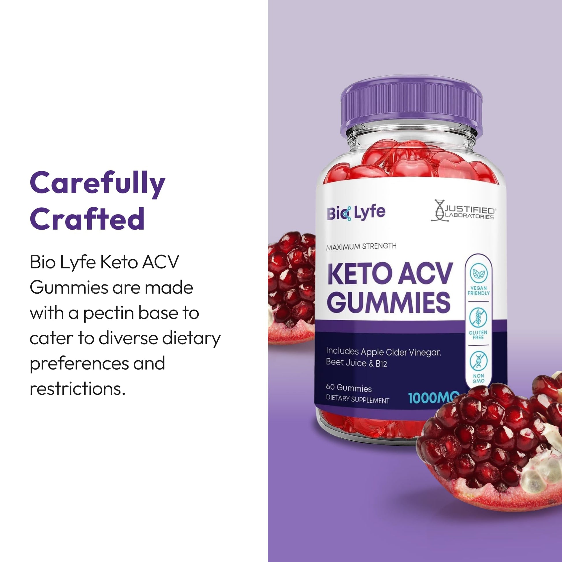 Justified Laboratories Bio Lyfe Keto ACV Gummies (1000 mg) - 60 Count - Formulated with Apple Cider Vinegar, Folate & Vitamin B12 - dailyvitalstore