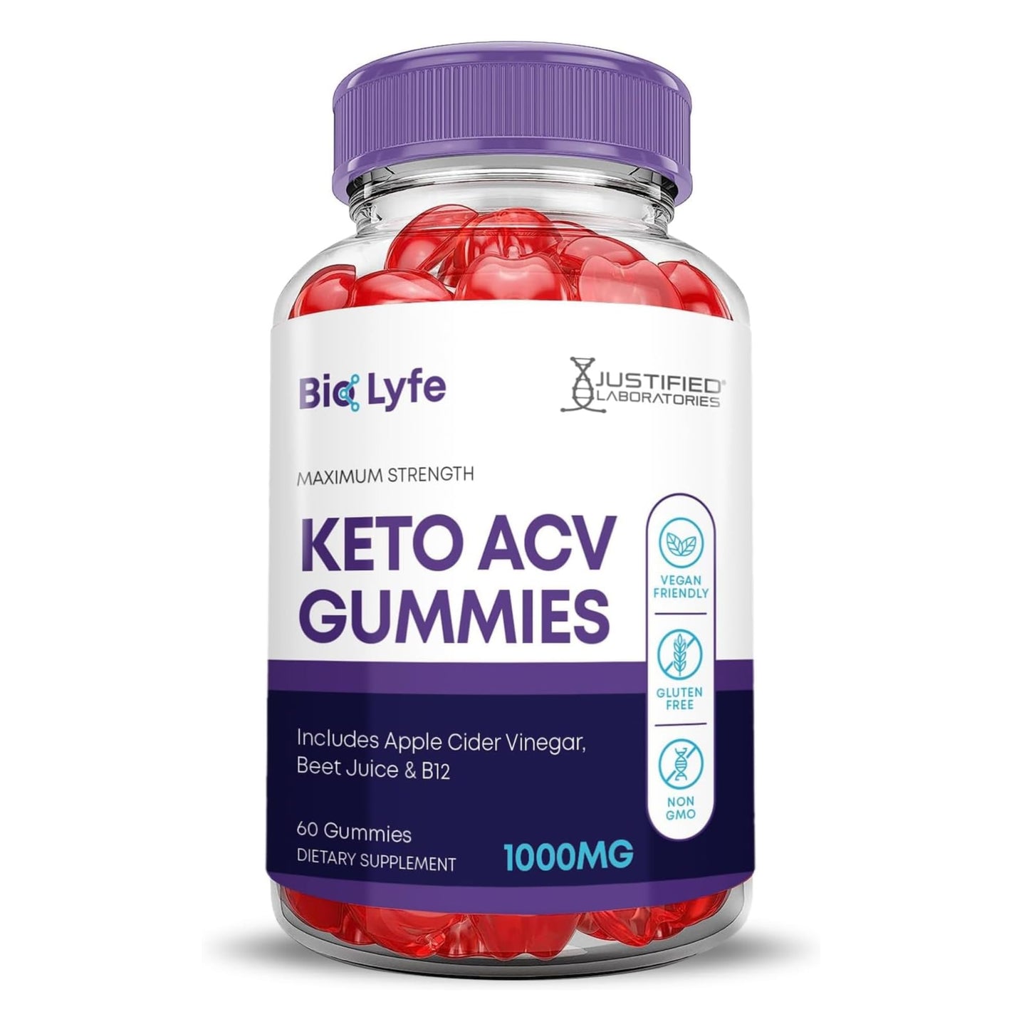 Justified Laboratories Bio Lyfe Keto ACV Gummies (1000 mg) - 60 Count - Formulated with Apple Cider Vinegar, Folate & Vitamin B12 - dailyvitalstore