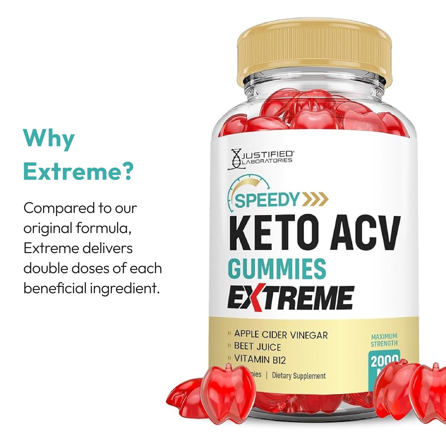 Justified Laboratories Speedy Keto ACV Gummies Extreme (2000 mg) - 60 Count - Formulated with Apple Cider Vinegar, Folate & Vitamin B12 - Non-GMO, Vegan, Gluten Free - 30 Servings - dailyvitalstore