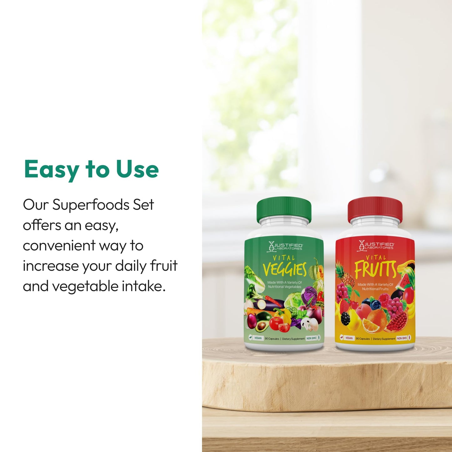 Justified Laboratories Superfoods Set - Includes Vital Fruits (90 Capsules) + Vital Veggies (90 Capsules) - Non-GMO, Vegan - 30 Servings per Bottle - dailyvitalstore