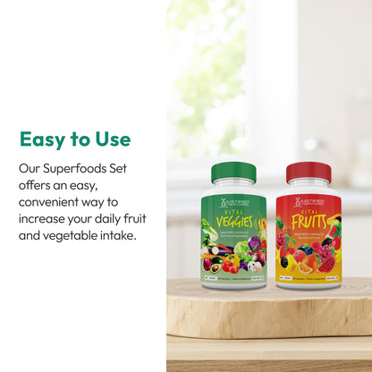Justified Laboratories Superfoods Set - Includes Vital Fruits (90 Capsules) + Vital Veggies (90 Capsules) - Non-GMO, Vegan - 30 Servings per Bottle - dailyvitalstore