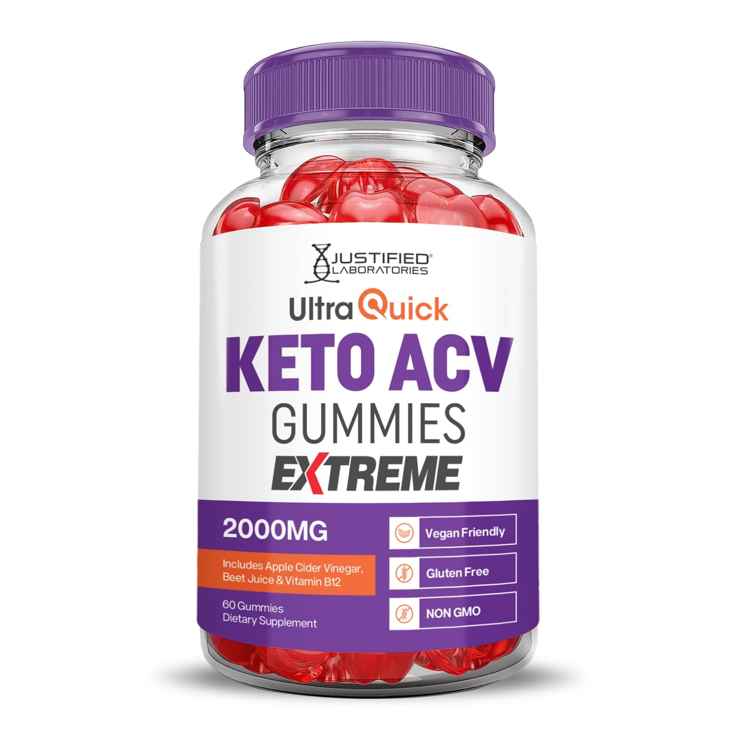 Justified Laboratories Ultra Quick Keto ACV Gummies Extreme (2000 mg) - 60 Count - Formulated with Apple Cider Vinegar, Folate & Vitamin B12 - dailyvitalstore