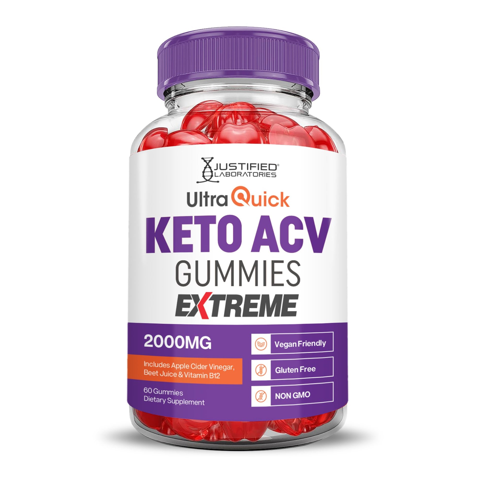 Justified Laboratories Ultra Quick Keto ACV Gummies Extreme (2000 mg) - 60 Count - Formulated with Apple Cider Vinegar, Folate & Vitamin B12 - dailyvitalstore