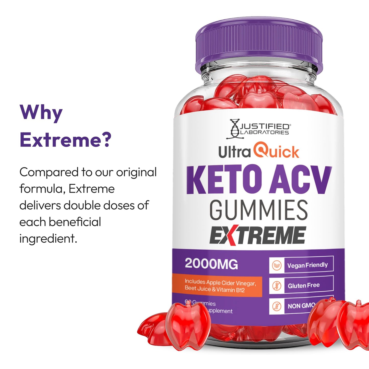 Justified Laboratories Ultra Quick Keto ACV Gummies Extreme (2000 mg) - 60 Count - Formulated with Apple Cider Vinegar, Folate & Vitamin B12 - dailyvitalstore
