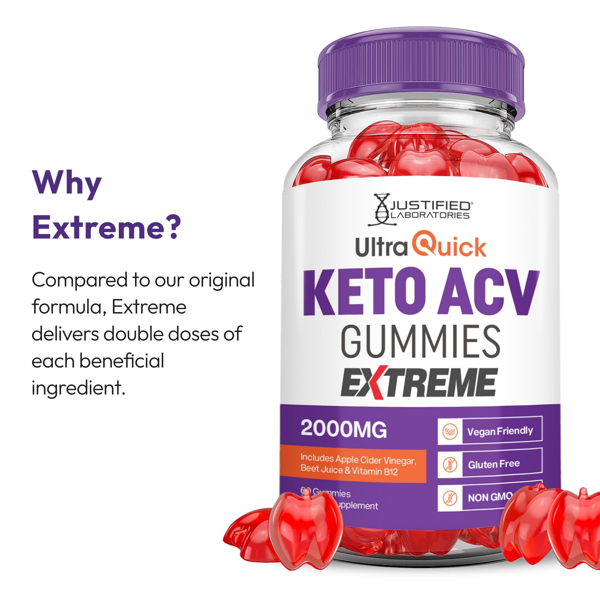 Justified Laboratories Ultra Quick Keto ACV Gummies Extreme (2000 mg) - 60 Count - Formulated with Apple Cider Vinegar, Folate & Vitamin B12 - dailyvitalstore