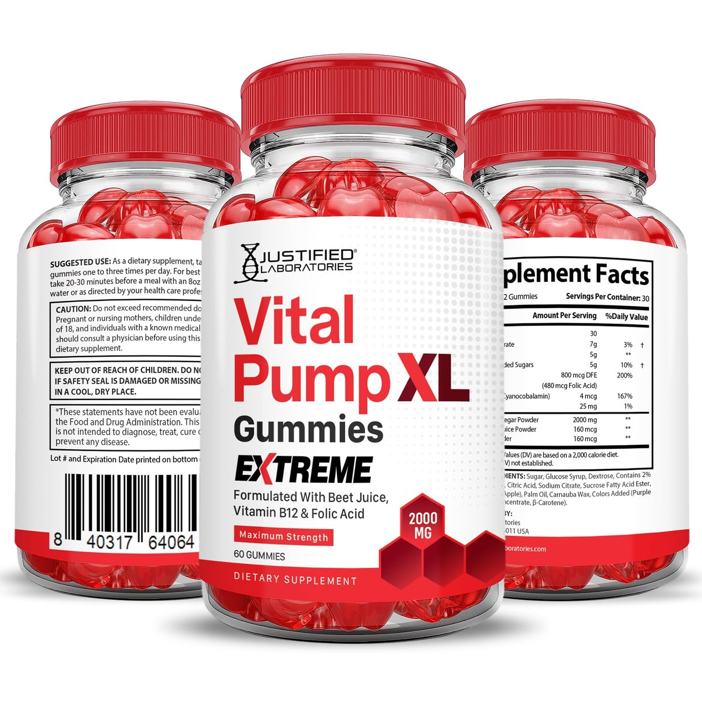 Justified Laboratories Vital Pump XL Extreme 2000MG Performance Gummies Vital PumpXL Advanced Formula Formulated with Beet Juice ACV Pomegranate Powder B12 Vegan Non GMO 60 Gummys - dailyvitalstore