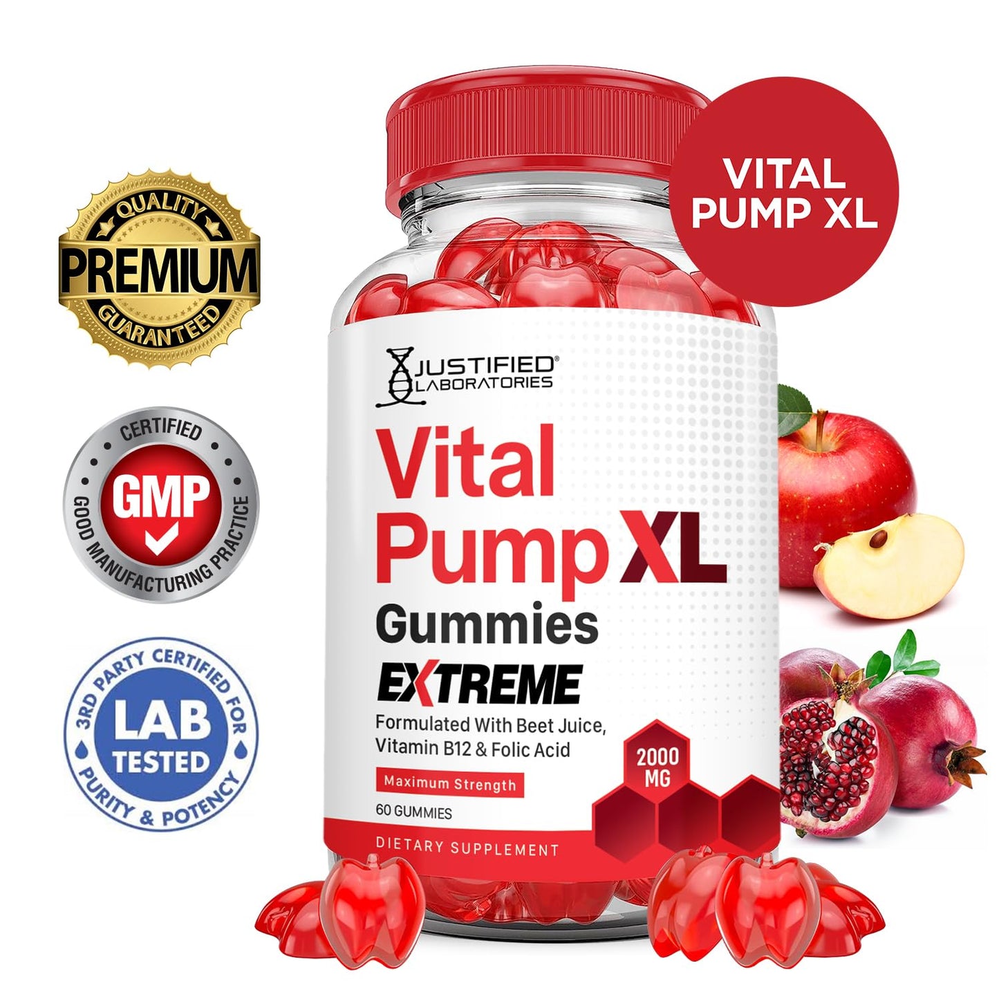 Justified Laboratories Vital Pump XL Extreme 2000MG Performance Gummies Vital PumpXL Advanced Formula Formulated with Beet Juice ACV Pomegranate Powder B12 Vegan Non GMO 60 Gummys - dailyvitalstore