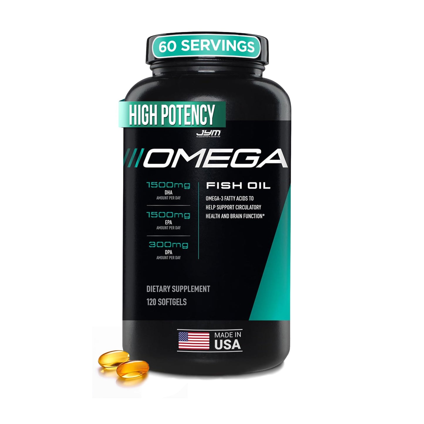 JYM Supplement Science Omega JYM Fish Oil 2800mg, High Potency Omega 3, EPA, DHA, DPA for Brain, Heart, & Joint Support 120 Soft Gels - dailyvitalstore