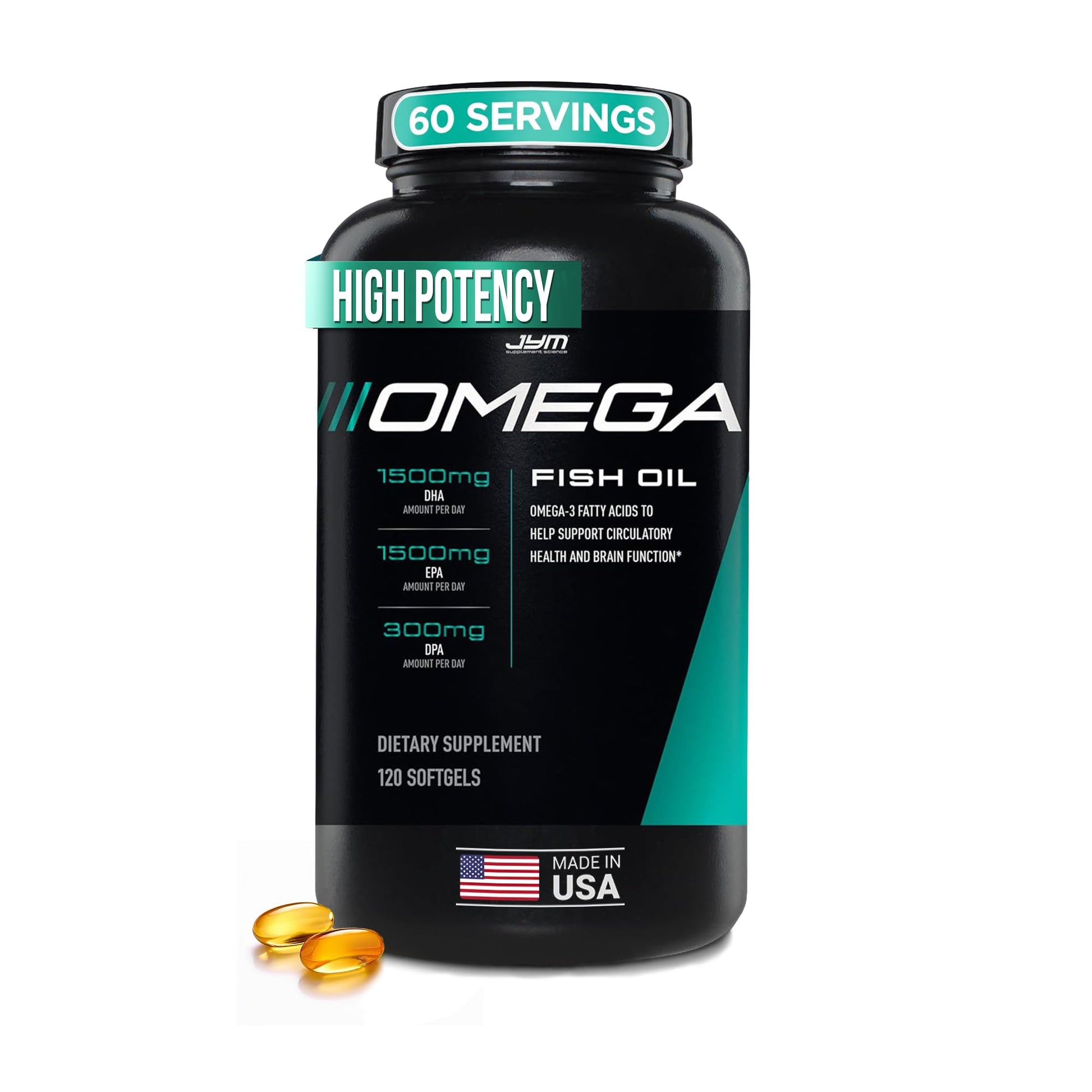 JYM Supplement Science Omega JYM Fish Oil 2800mg, High Potency Omega 3, EPA, DHA, DPA for Brain, Heart, & Joint Support 120 Soft Gels - dailyvitalstore