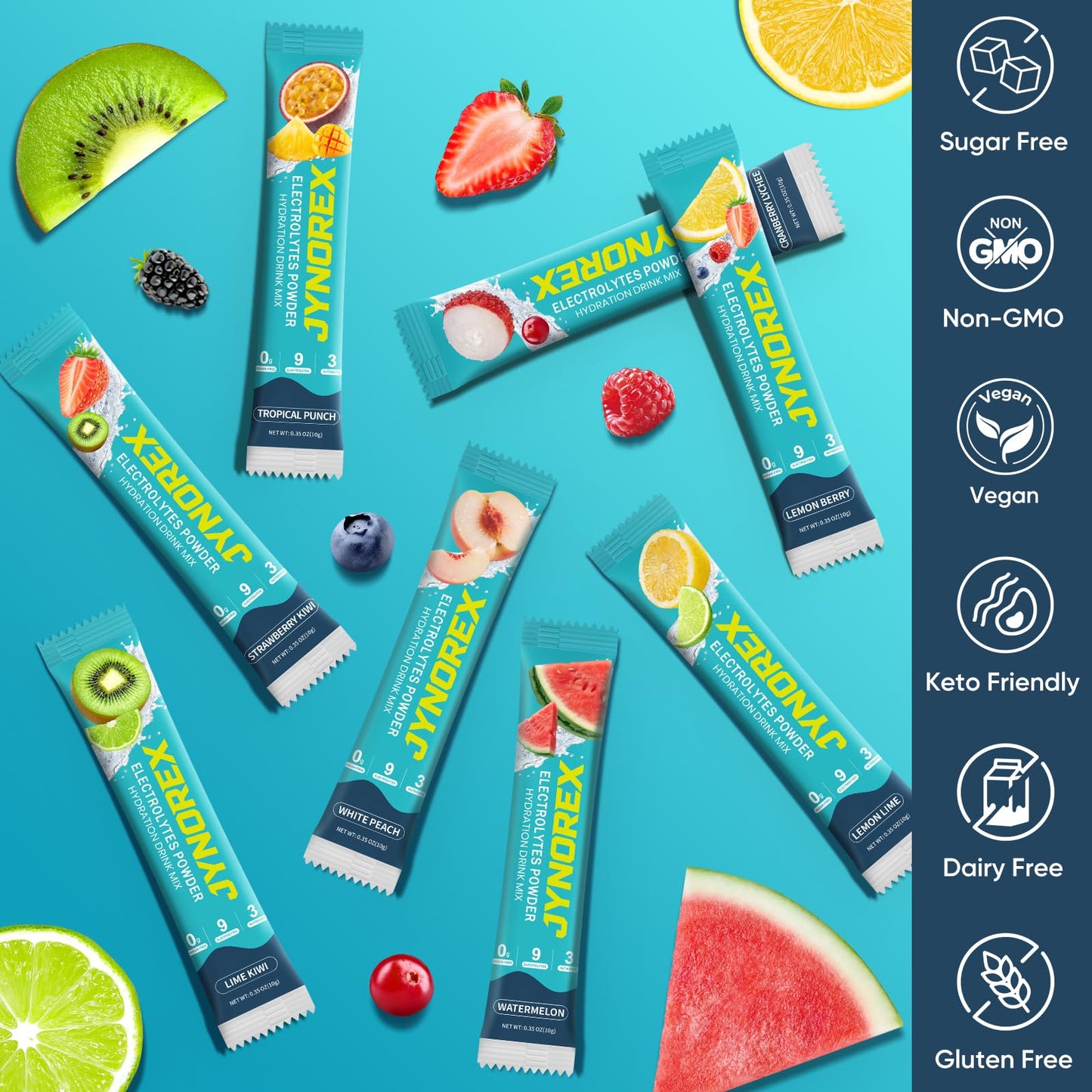 JYNOREX Electrolytes Powder Packets Sugar Free, 30 Sticks High Sodium Hydration Packets, Electrolyte Drink Mix with Lemon Lime Watermelon Peach Berry Kiwi - dailyvitalstore