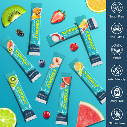 JYNOREX Electrolytes Powder Packets Sugar Free, 30 Sticks High Sodium Hydration Packets, Electrolyte Drink Mix with Lemon Lime Watermelon Peach Berry Kiwi - dailyvitalstore