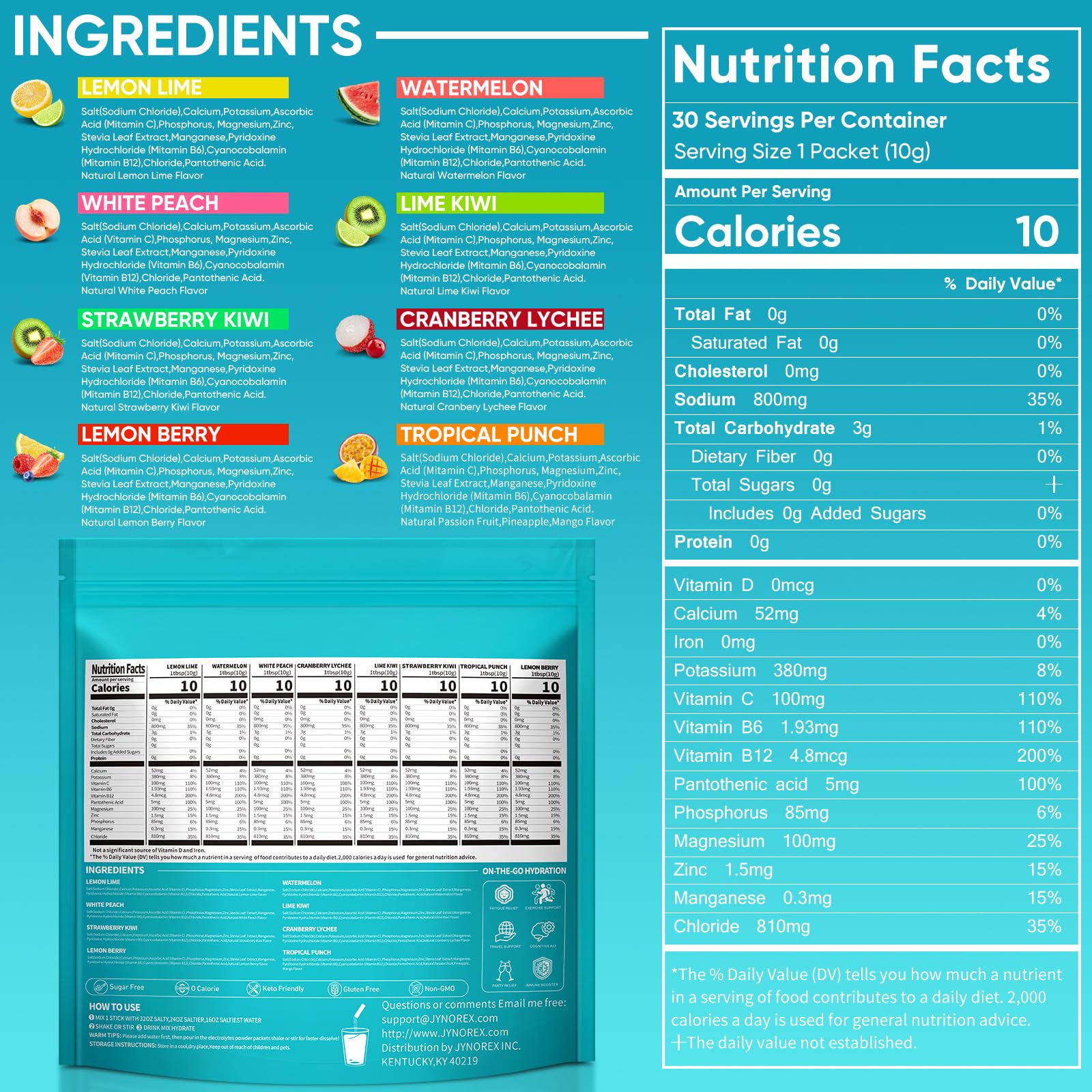JYNOREX Electrolytes Powder Packets Sugar Free, 30 Sticks High Sodium Hydration Packets, Electrolyte Drink Mix with Lemon Lime Watermelon Peach Berry Kiwi - dailyvitalstore