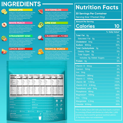 JYNOREX Electrolytes Powder Packets Sugar Free, 30 Sticks High Sodium Hydration Packets, Electrolyte Drink Mix with Lemon Lime Watermelon Peach Berry Kiwi - dailyvitalstore