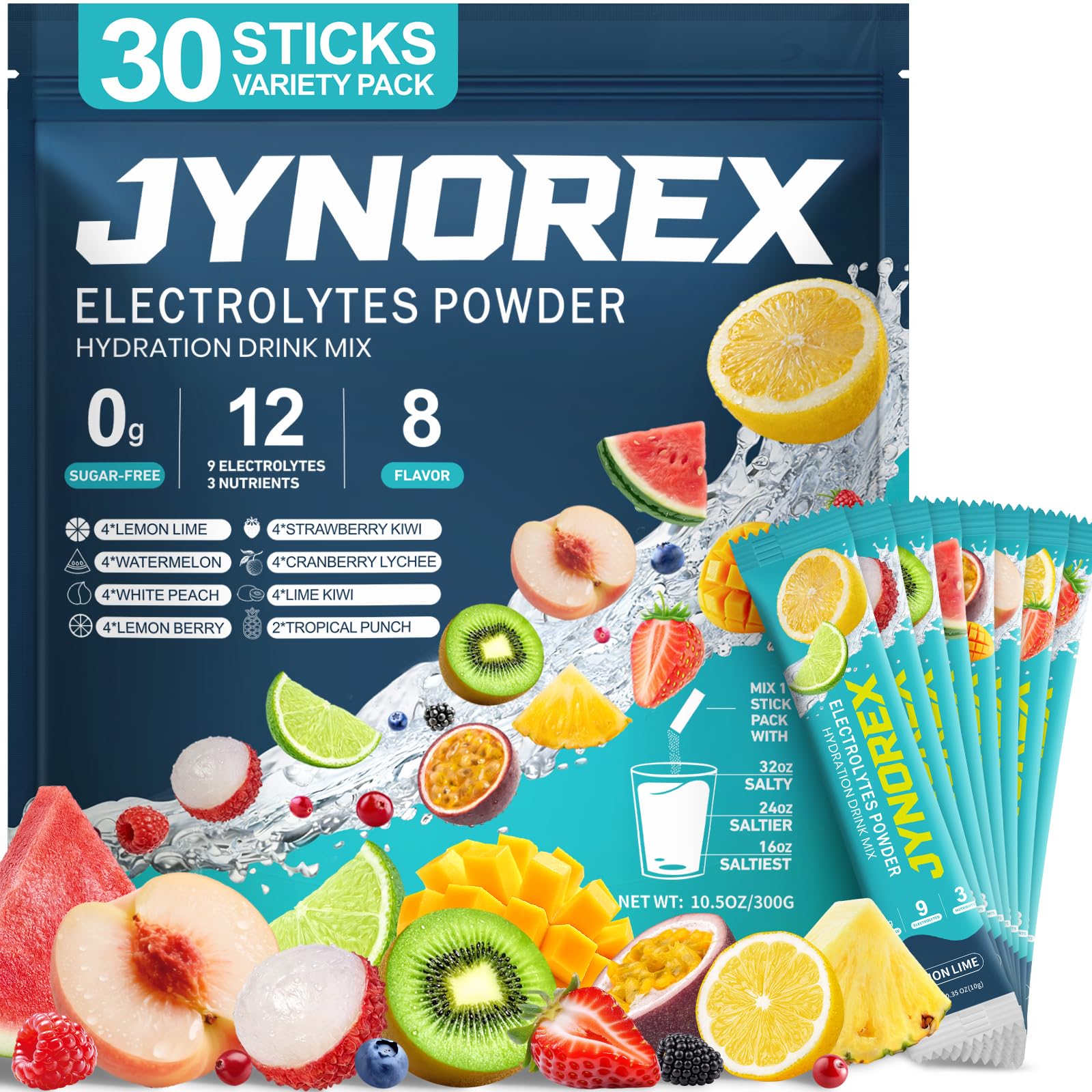 JYNOREX Electrolytes Powder Packets Sugar Free, 30 Sticks High Sodium Hydration Packets, Electrolyte Drink Mix with Lemon Lime Watermelon Peach Berry Kiwi - dailyvitalstore