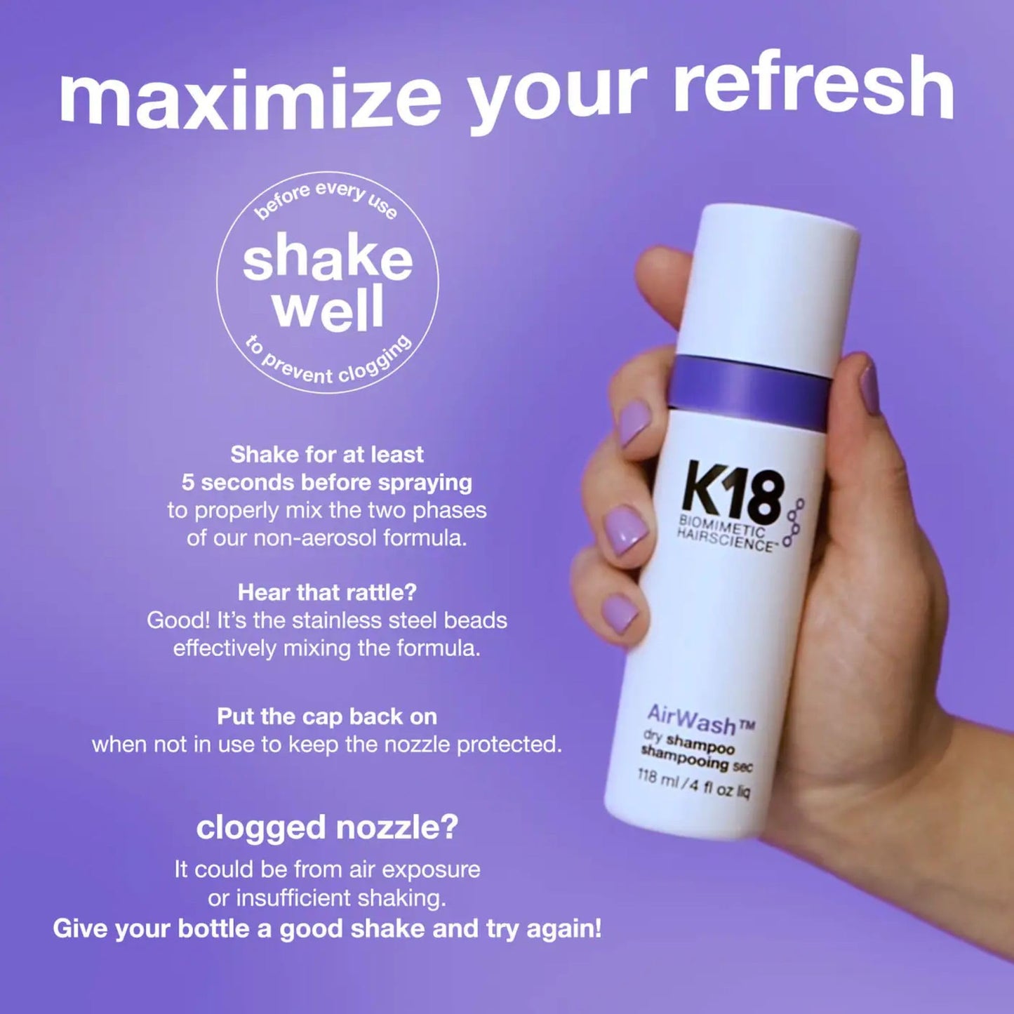 K18 AirWash™ Dry Shampoo, Non-Aerosol, Balances Scalp & Controls Excess Oil Production, 1.6 Fl Oz - dailyvitalstore