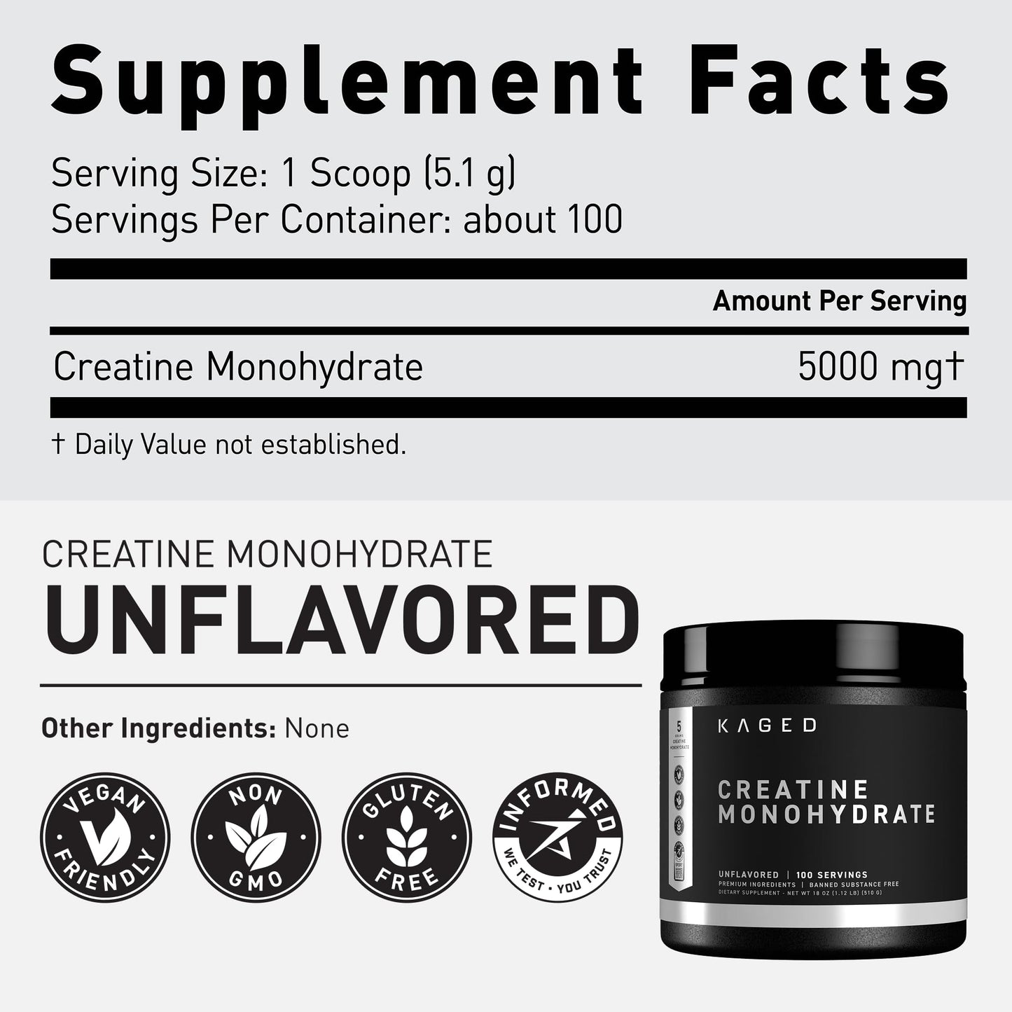 Kaged Creatine Monohydrate Micronized Powder | Unflavored | Muscle Building & Recovery | 5000 mg Per Serving | Vegan, Gluten Free, Easily Digestible - dailyvitalstore
