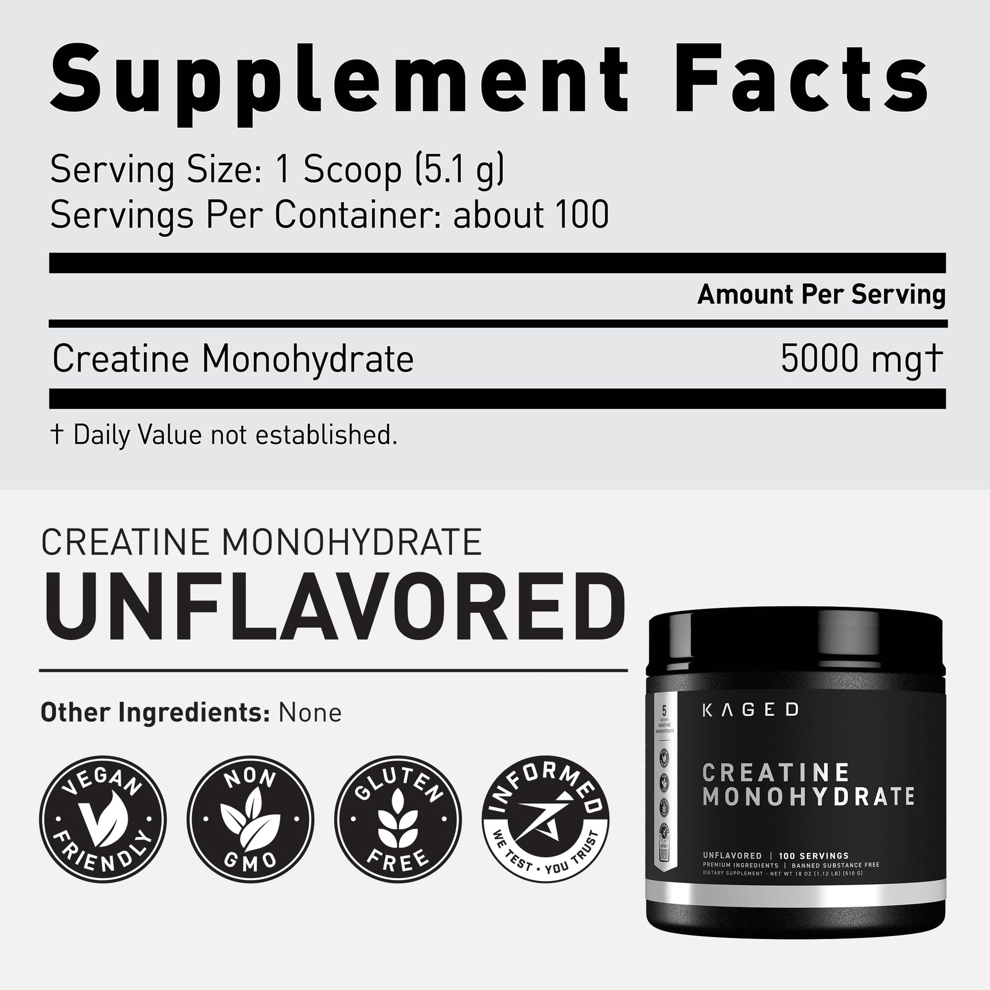Kaged Creatine Monohydrate Micronized Powder | Unflavored | Muscle Building & Recovery | 5000 mg Per Serving | Vegan, Gluten Free, Easily Digestible - dailyvitalstore