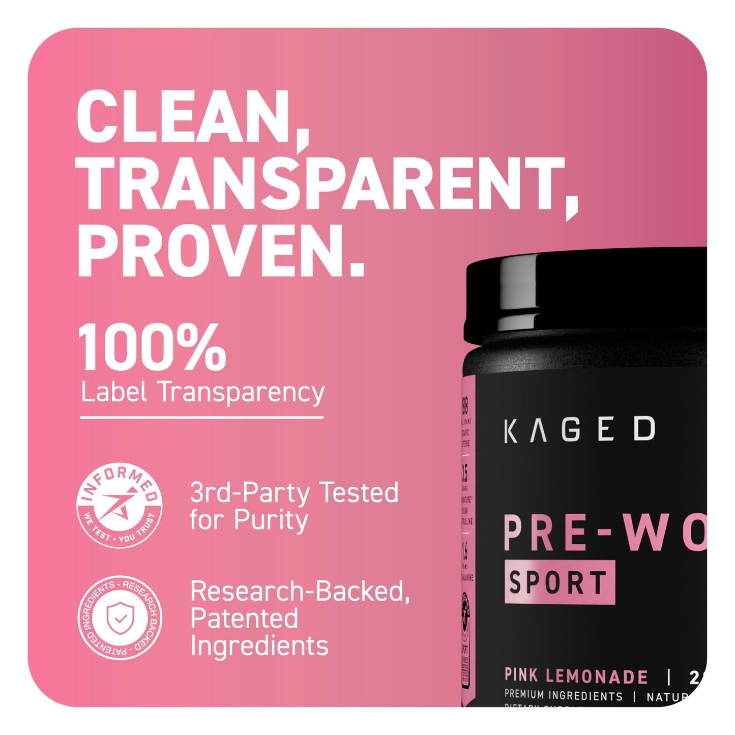 Kaged Sport Pre Workout Powder for Men & Women, Pink Lemonade, Sport Certified, 188mg Caffeine, Nitric Oxide, Beta Alanine, 20 Servings - dailyvitalstore