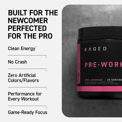 Kaged Sport Pre Workout Powder for Men & Women, Pink Lemonade, Sport Certified, 188mg Caffeine, Nitric Oxide, Beta Alanine, 20 Servings - dailyvitalstore