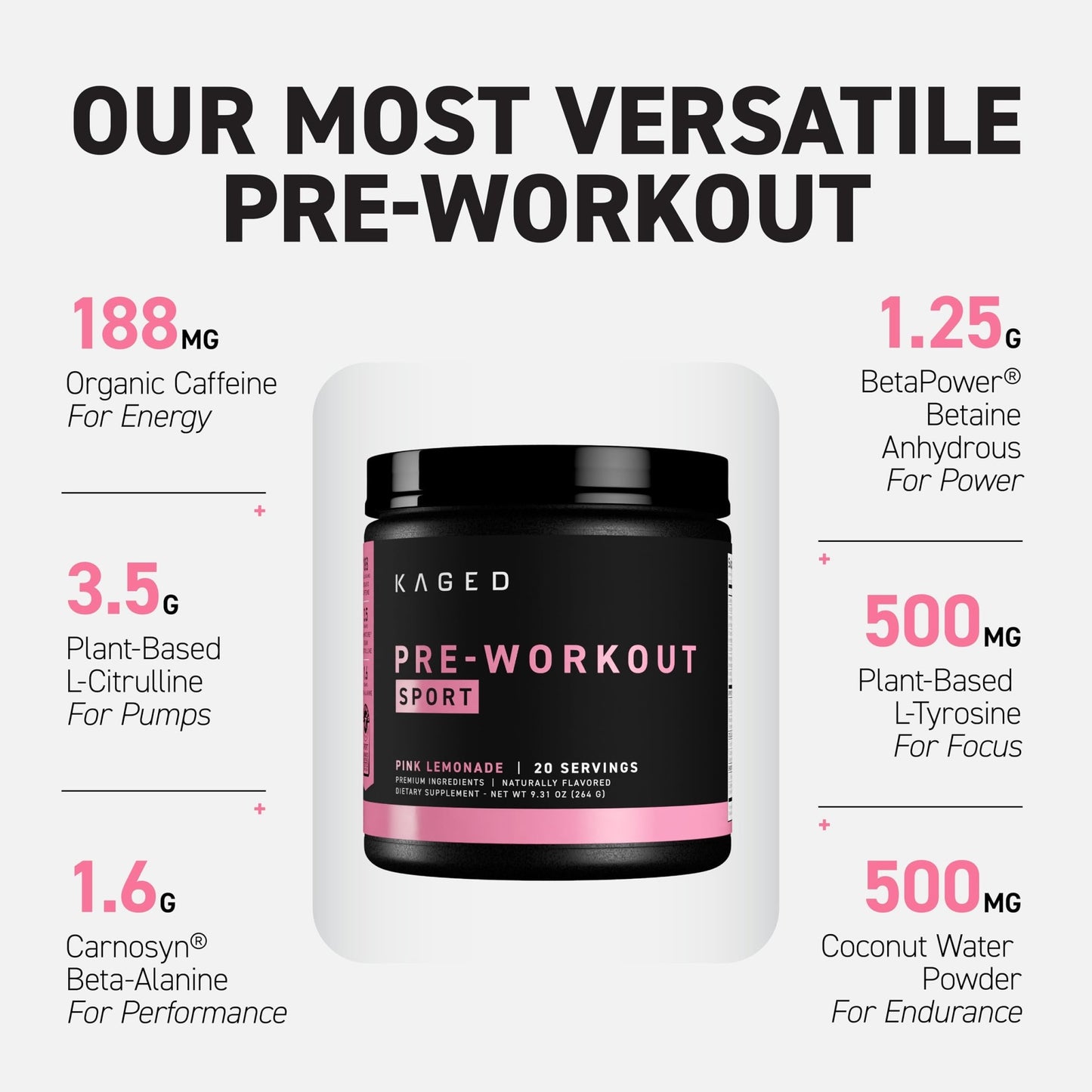 Kaged Sport Pre Workout Powder for Men & Women, Pink Lemonade, Sport Certified, 188mg Caffeine, Nitric Oxide, Beta Alanine, 20 Servings - dailyvitalstore