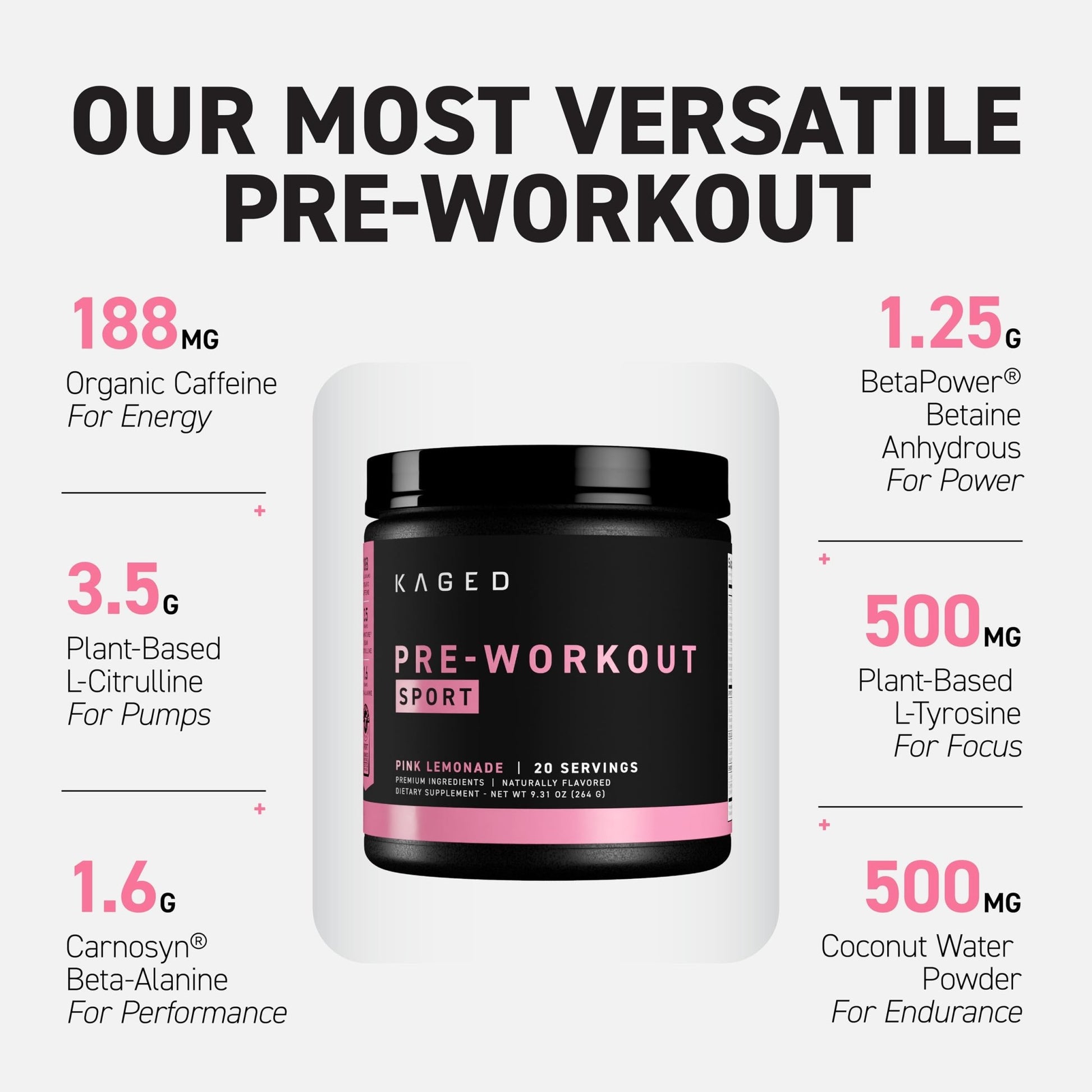 Kaged Sport Pre Workout Powder for Men & Women, Pink Lemonade, Sport Certified, 188mg Caffeine, Nitric Oxide, Beta Alanine, 20 Servings - dailyvitalstore