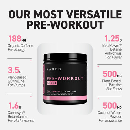 Kaged Sport Pre Workout Powder for Men & Women, Pink Lemonade, Sport Certified, 188mg Caffeine, Nitric Oxide, Beta Alanine, 20 Servings - dailyvitalstore