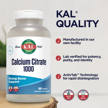 KAL Calcium Citrate 1000mg, Calcium Supplements for Women and Men, Bone Health, Teeth, Nervous, Muscular & Cardiovascular System Support, Gluten Free - dailyvitalstore