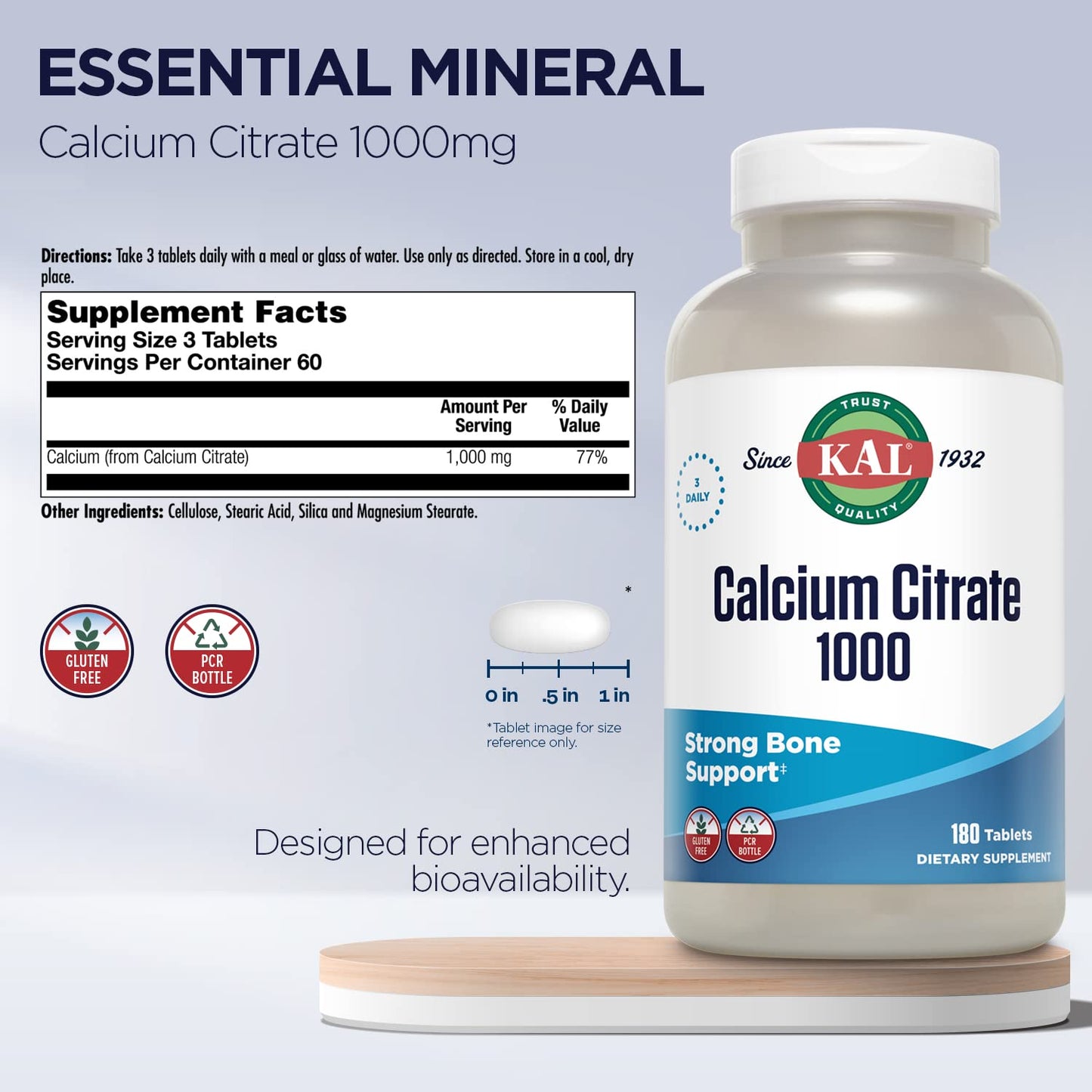KAL Calcium Citrate 1000mg, Calcium Supplements for Women and Men, Bone Health, Teeth, Nervous, Muscular & Cardiovascular System Support, Gluten Free - dailyvitalstore
