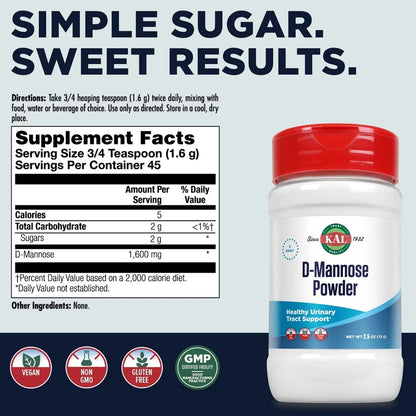 KAL D Mannose Powder 1600 mg, Easy-to-Mix, Fast-Dissolving D-Mannose - Urinary Tract Health and Bladder Support - Unflavored Powder, Non-GMO, Vegan, Gluten Free, 60-Day Guarantee, 45 Servings, 2.5oz - dailyvitalstore