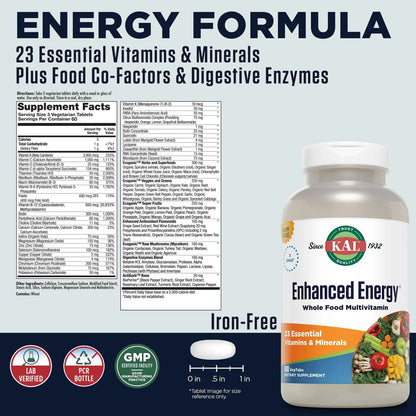 KAL® Enhanced Energy Multivitamin | Whole Food Based Vitamins & Minerals w/ Antioxidants, Digestive Enzymes & Natural Carotenoids | 180 Capsules - dailyvitalstore