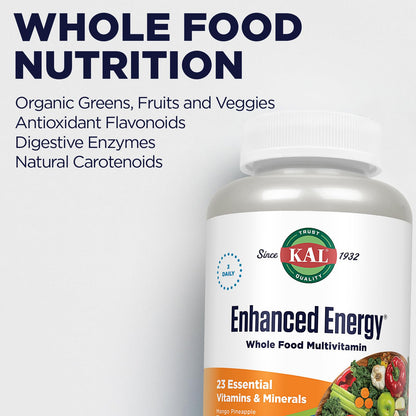KAL Enhanced Energy Supplements, Whole Food Chewable Multivitamin with Iron, 3 Daily, 23 Essential Vitamins and Minerals, Super Foods, Enzymes, Mango Pineapple Flavor, 60-Day Guarantee, 20 Serv, 60ct - dailyvitalstore