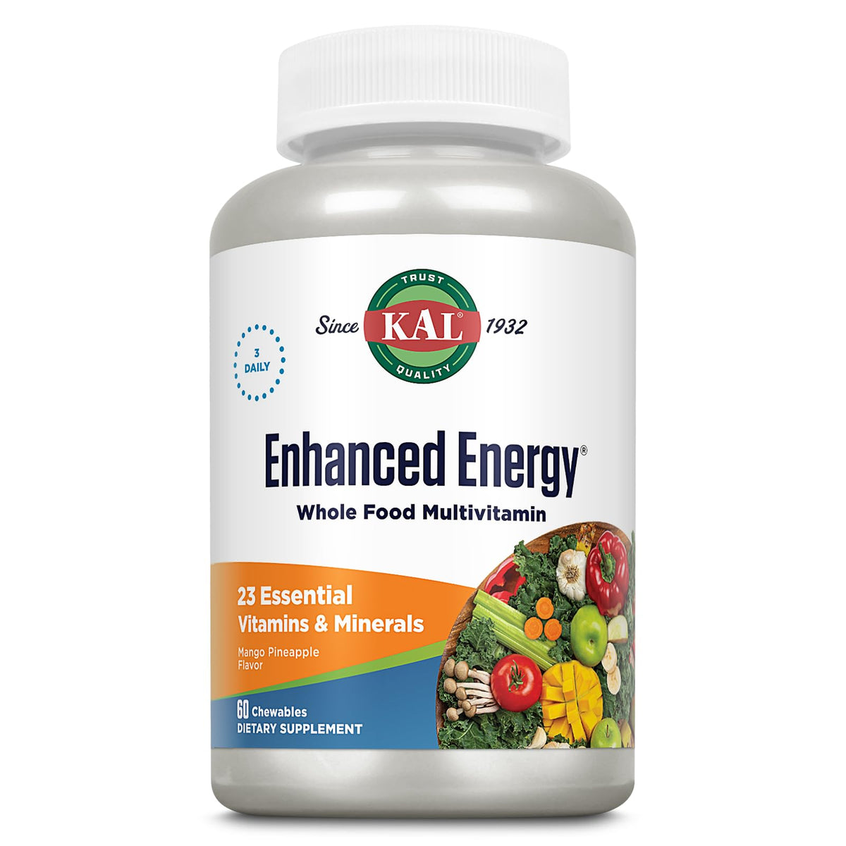 KAL Enhanced Energy Supplements, Whole Food Chewable Multivitamin with Iron, 3 Daily, 23 Essential Vitamins and Minerals, Super Foods, Enzymes, Mango Pineapple Flavor, 60-Day Guarantee, 20 Serv, 60ct - dailyvitalstore