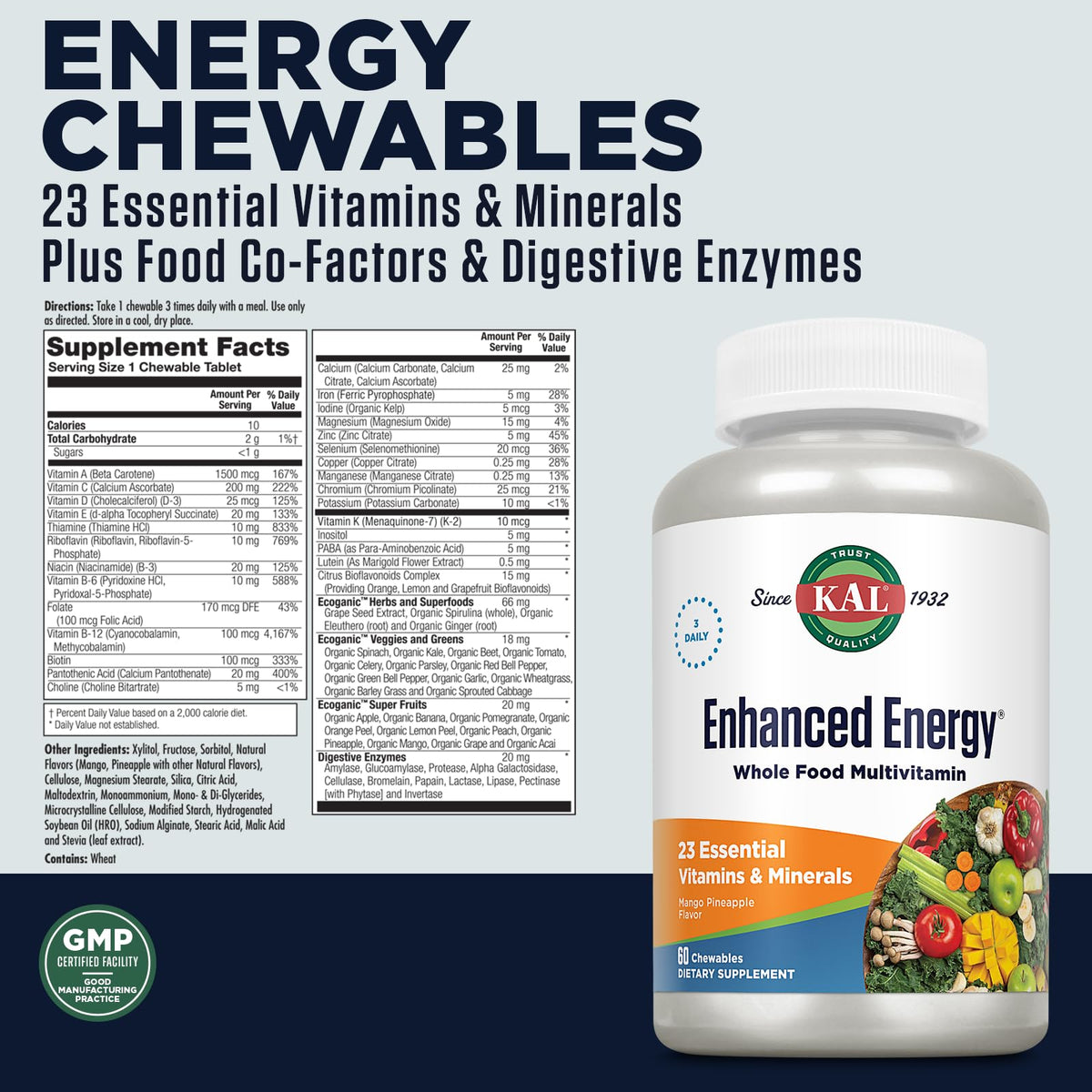 KAL Enhanced Energy Supplements, Whole Food Chewable Multivitamin with Iron, 3 Daily, 23 Essential Vitamins and Minerals, Super Foods, Enzymes, Mango Pineapple Flavor, 60-Day Guarantee, 20 Serv, 60ct - dailyvitalstore