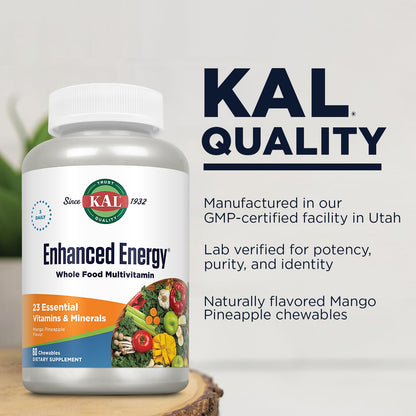KAL Enhanced Energy Supplements, Whole Food Chewable Multivitamin with Iron, 3 Daily, 23 Essential Vitamins and Minerals, Super Foods, Enzymes, Mango Pineapple Flavor, 60-Day Guarantee, 20 Serv, 60ct - dailyvitalstore