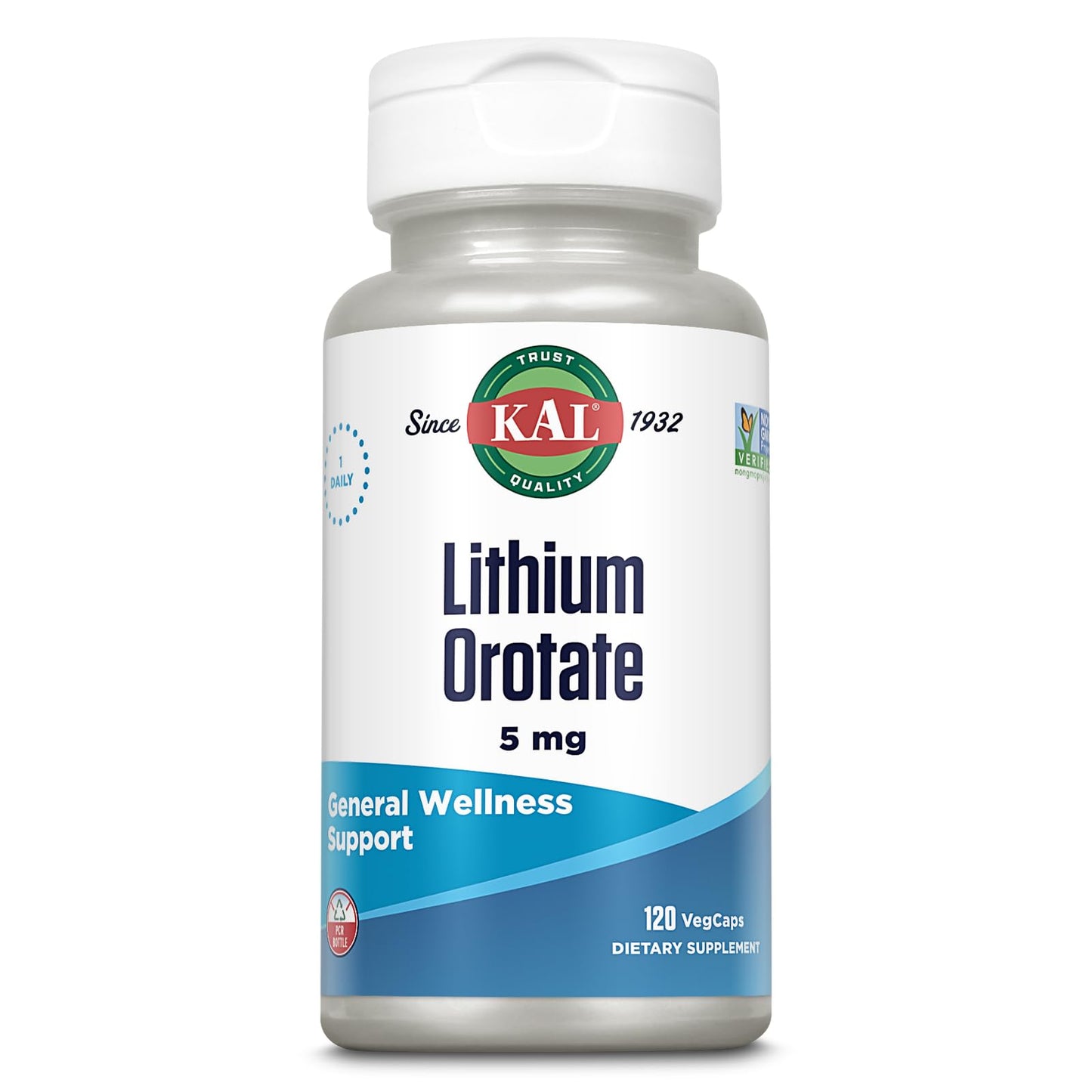 KAL Lithium Orotate 5 milligrams | Low Serving Of Chelated Lithium Orotate For Bioavailability and Mood Support | In Organic Rice Bran Extract Base | 120 VegCaps - dailyvitalstore