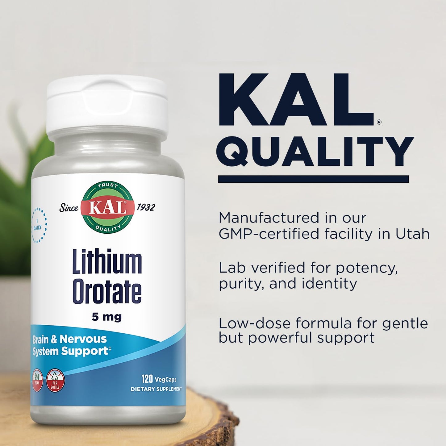 KAL Lithium Orotate 5 milligrams | Low Serving Of Chelated Lithium Orotate For Bioavailability and Mood Support | In Organic Rice Bran Extract Base | 120 VegCaps - dailyvitalstore