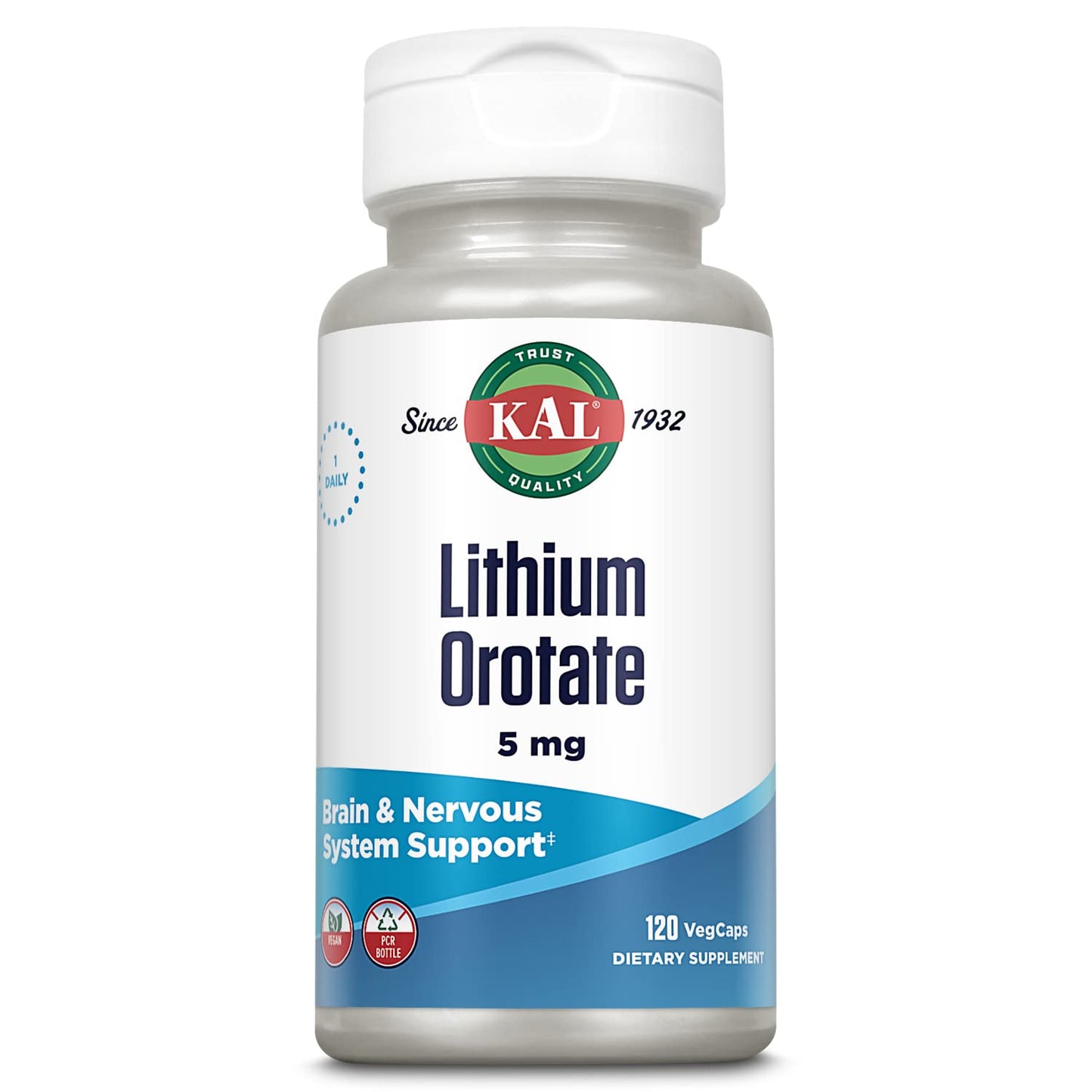KAL Lithium Orotate 5 milligrams | Low Serving Of Chelated Lithium Orotate For Bioavailability and Mood Support | In Organic Rice Bran Extract Base | 120 VegCaps - dailyvitalstore
