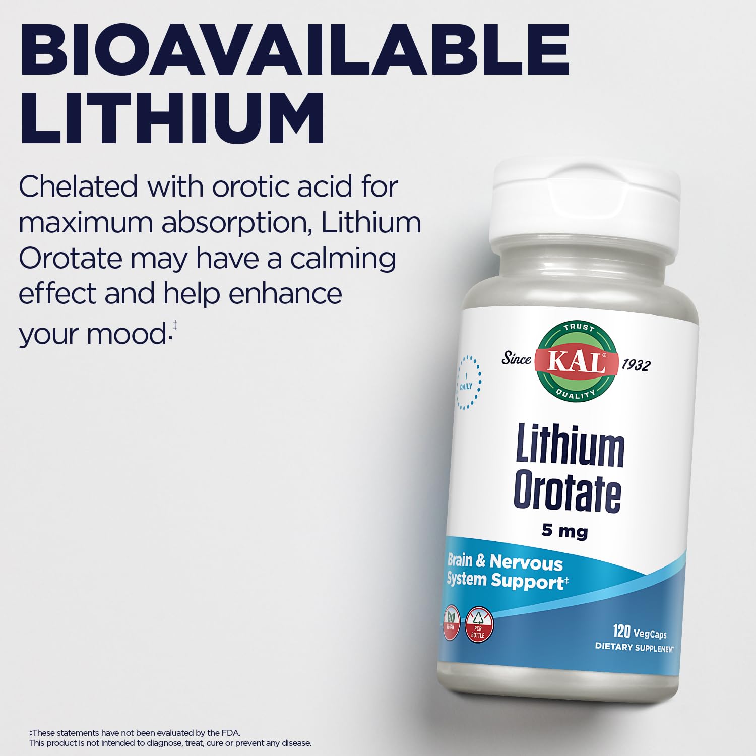 KAL Lithium Orotate 5 milligrams | Low Serving Of Chelated Lithium Orotate For Bioavailability and Mood Support | In Organic Rice Bran Extract Base | 120 VegCaps - dailyvitalstore