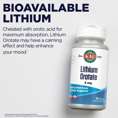 KAL Lithium Orotate 5 milligrams | Low Serving Of Chelated Lithium Orotate For Bioavailability and Mood Support | In Organic Rice Bran Extract Base | 120 VegCaps - dailyvitalstore