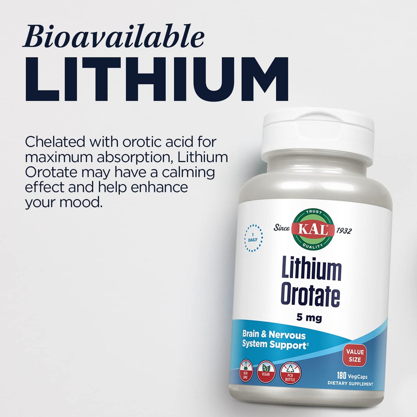 KAL Lithium Orotate 5mg, Low Dose Lithium Supplement for General Wellness Mood Support, Highly Bioavailable, Vegan, 60-Day Guarantee, - dailyvitalstore