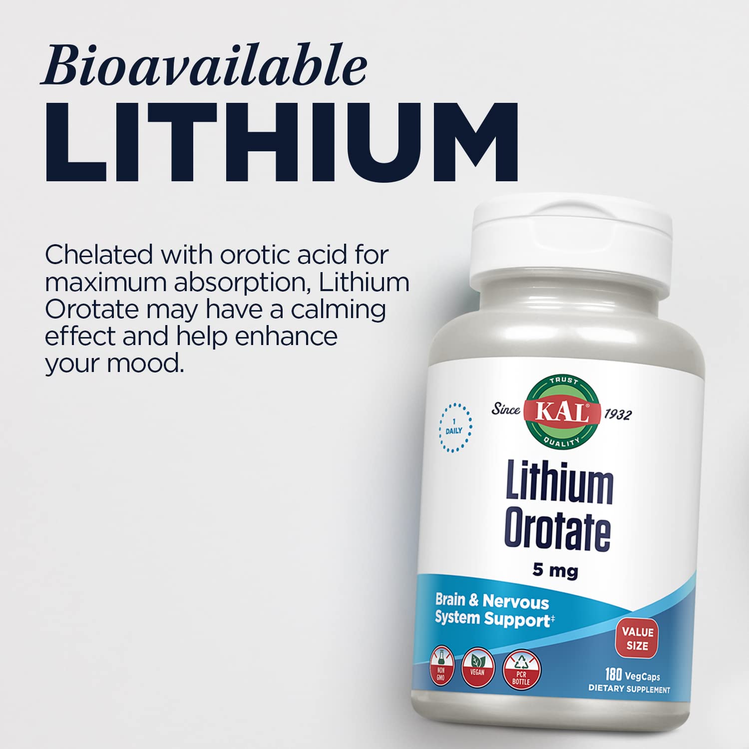KAL Lithium Orotate 5mg, Low Dose Lithium Supplement for General Wellness Mood Support, Highly Bioavailable, Vegan, 60-Day Guarantee, - dailyvitalstore