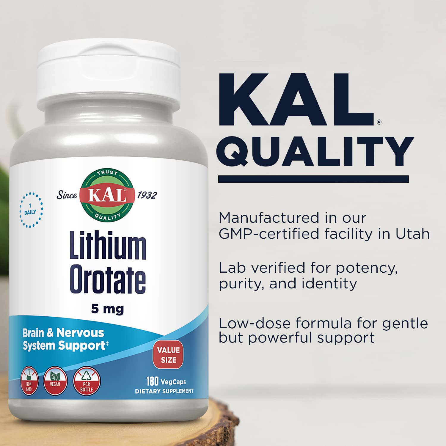 KAL Lithium Orotate 5mg, Low Dose Lithium Supplement for General Wellness Mood Support, Highly Bioavailable, Vegan, 60-Day Guarantee, - dailyvitalstore