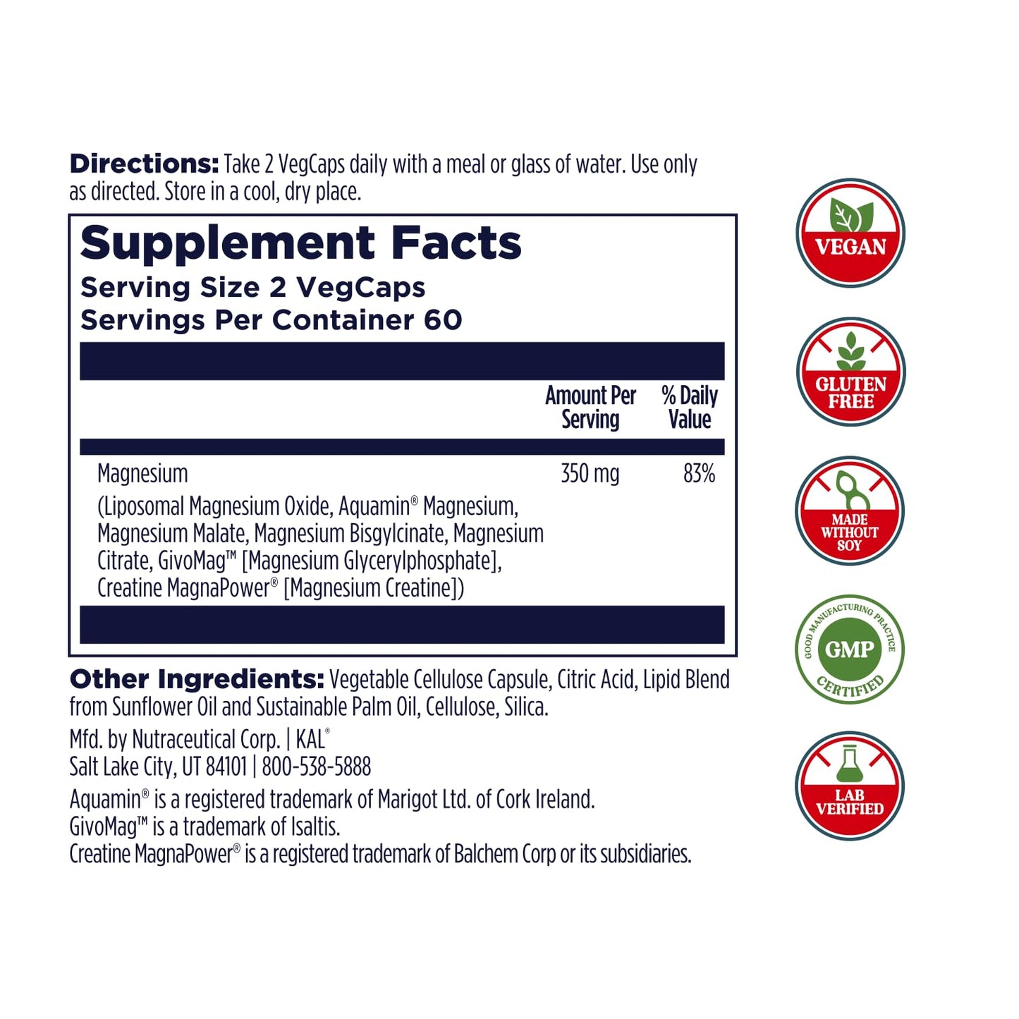 KAL Magnesium Complex 7 - Total Complex with Magnesium Glycinate, Citrate, Malate and More - Relaxation and Whole Body Support Supplements - Vegan, 60-Day Guarantee - 60 Servings - 120 VegCaps - dailyvitalstore
